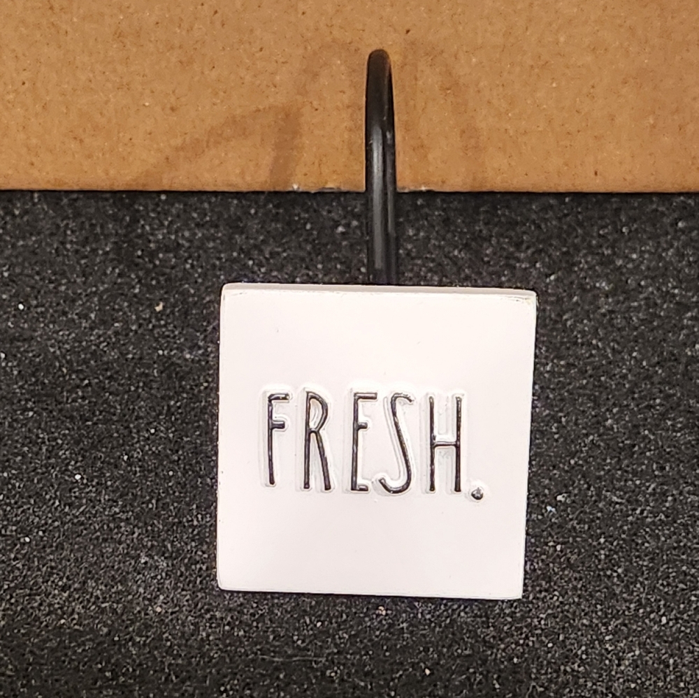 Rae Dunn Curtain Shower Hook Set with 'FRESH' Text